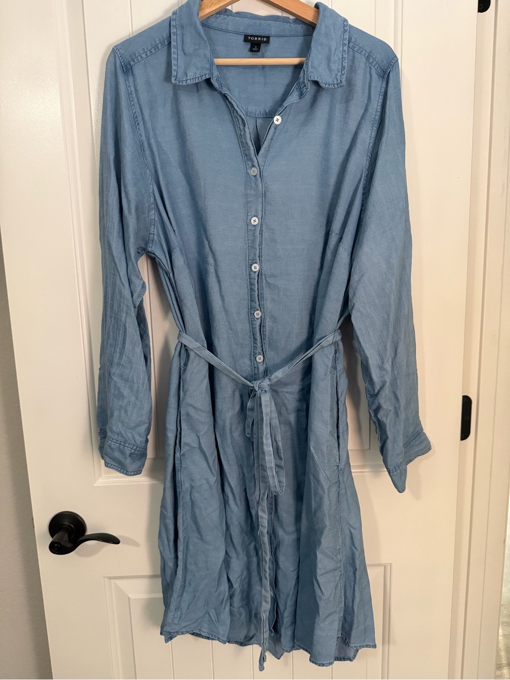 torrid Light Blue Button-Up Shirt Dress with Tie Waist